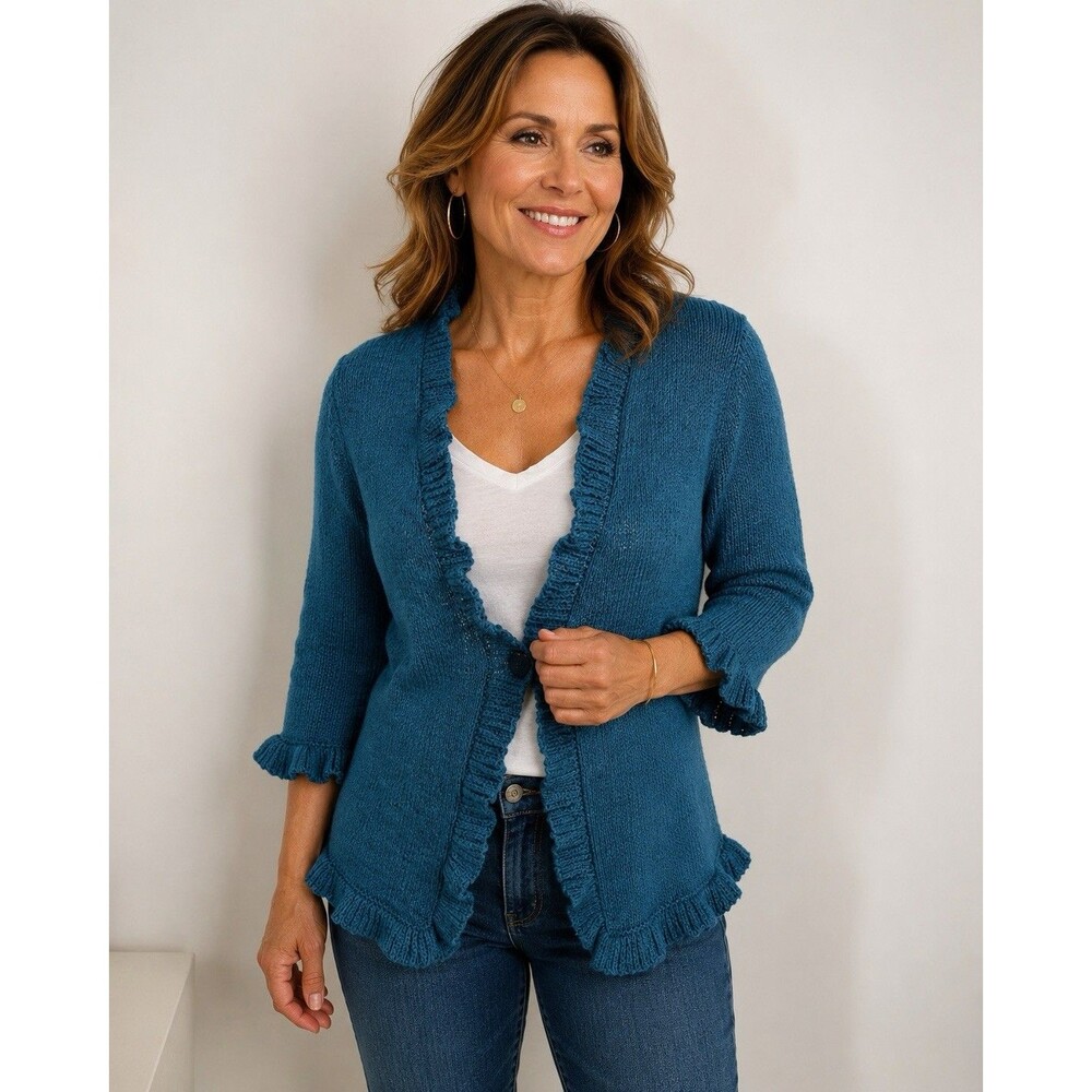 Carole Little Knit Cardigan Size Large Teal Ruffle Collar Bell Sleeve Button